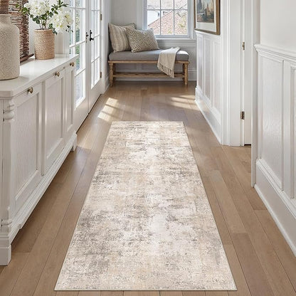 2x5 Washable Runner Rug Beige Grey Abstract Hallway Kitchen Throw Rug Neutral Modern Non Slip Soft Low Pile Carpet for Bathroom Laundry Bedroom Living Room