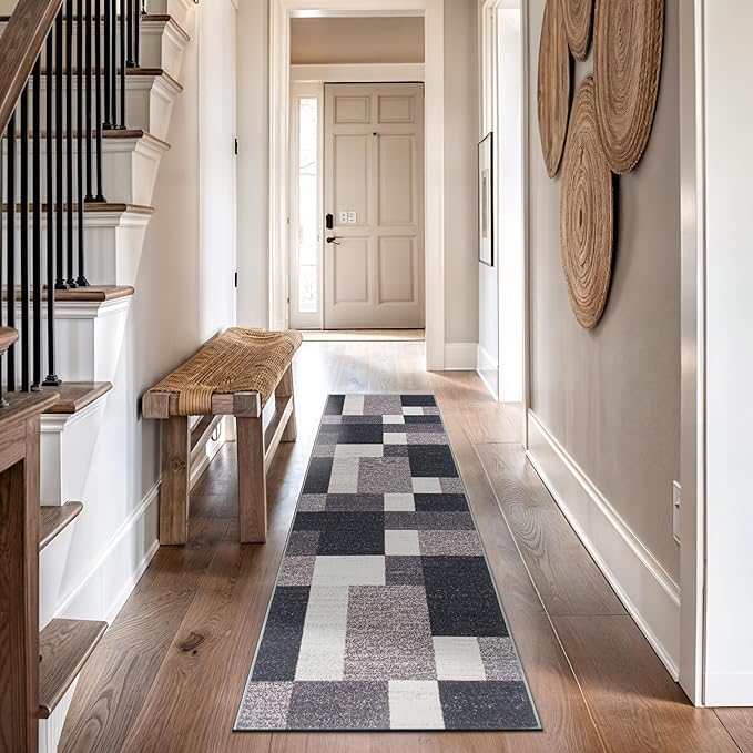 Rugshop Modern Boxes Design Non-Slip (Non-Skid) for Hallway,Entryway,Kitchen Runner Rug 2'7" x 10' Gray