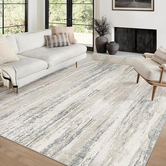 MUJOO 6x9 Area Rugs Washable,Modern Abstract Rugs for Living Room Bedroom Dining Room,Large Non Slip Throw Carpet Indoor,Low Pile Accent Neutral Beige and Grey