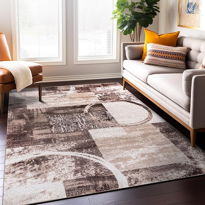 Rugshop Contemporary Abstract Circle Design Area Rug, Non-Shedding Carpet for Dining Room, Living Room, or Bedroom, Brown, 6'6" x 9'