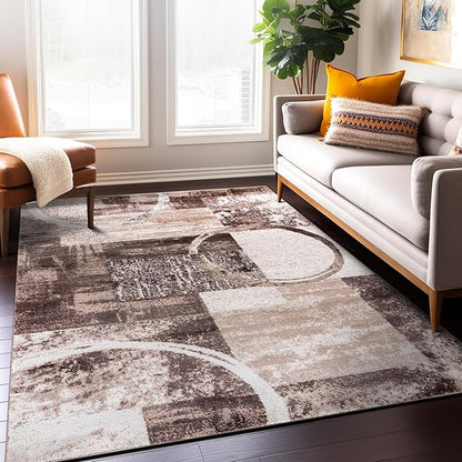 Rugshop Contemporary Abstract Circle Design Area Rug, Non-Shedding Carpet for Dining Room, Living Room, or Bedroom, Brown, 6'6" x 9'