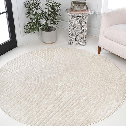 JONATHAN Y Hallie High-Low Curve Ivory/Cream 9' Round Indoor/Outdoor Area Rug, Minimalist, Pet Friendly, Non-Shedding, Stain Resistant, Hose-Washable for Backyard, Patio, Porch (SCN100B-9R)