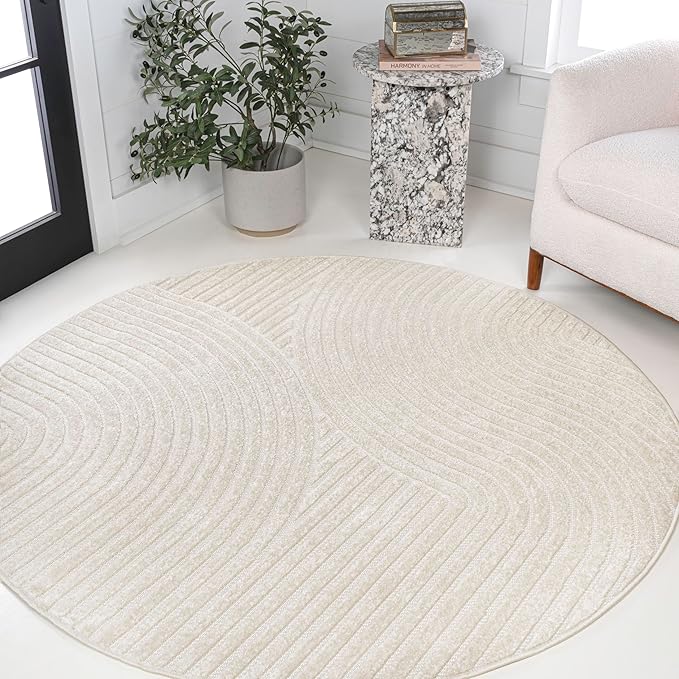 JONATHAN Y Hallie High-Low Curve Ivory/Cream 5' Round Indoor/Outdoor Area Rug, Minimalist, Pet Friendly, Non-Shedding, Stain Resistant, Hose-Washable for Backyard, Patio, Porch (SCN100B-5R)