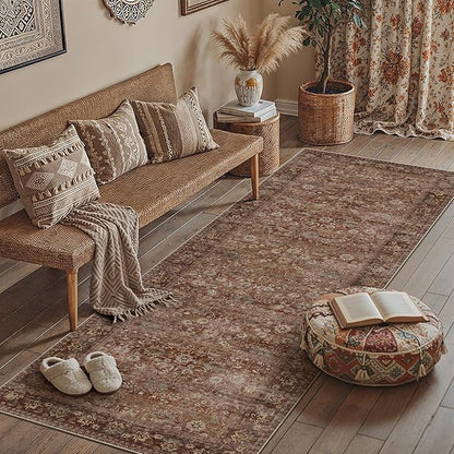 HUGEAR 3x10 Runner Rug Machine Washable Brick Red Hallway Area Rug Indoor Accent Rug Floral Low Pile Carpet Soft Throw Rug Bedroom Living Room Office Dining Room Kitchen Laundry Room Non Slip