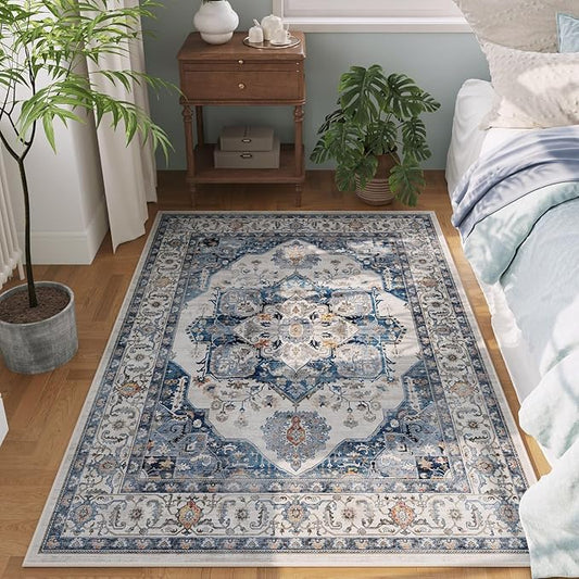 Rugcomf Vintage Medallion 3'x5' Washable Rug - Non-Slip Low Pile Area Rug, Small Boho Carpet for Bedroom, Bedside, Kitchen, Entryway, Kids/Girls Room, Office - Blue