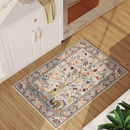 Rugcomf Indoor Door Mat 2x3 Rug Vibrant Tree of Life-Patterned Vintage Machine Washable Small Area Rug Non-Slip Low Pile Throw Rugs for Entryway Kitchen Front Door Entrance Entry Kids Room, Beige