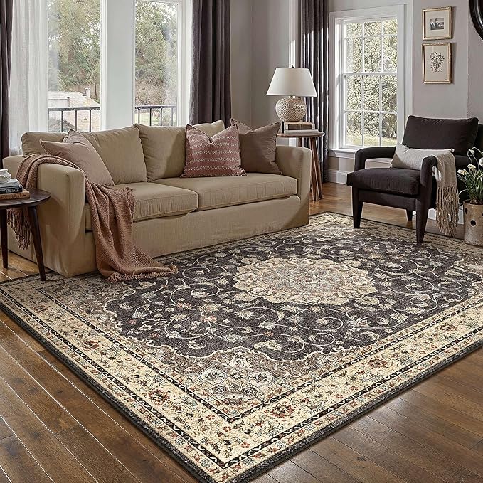 HUGEAR Machine Washable Area Rugs 5x7 Vintage Black Living Room Bedroom Rug Neutral Style Non Slip Stain Resistant Low Pile Throw Carpet for Home Retro Aesthetic Modern Decor