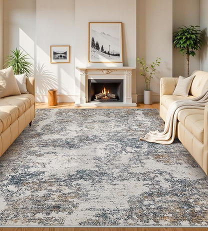 Area Rugs 9x12 Living Room - Modern Abstract Large Rugs for Living Room Non-Slip Low Pile Soft Machine Washable Carpet for Bedroom, Under Dining Table, Nursery, Farmhouse (9'x12' Tan Blue)