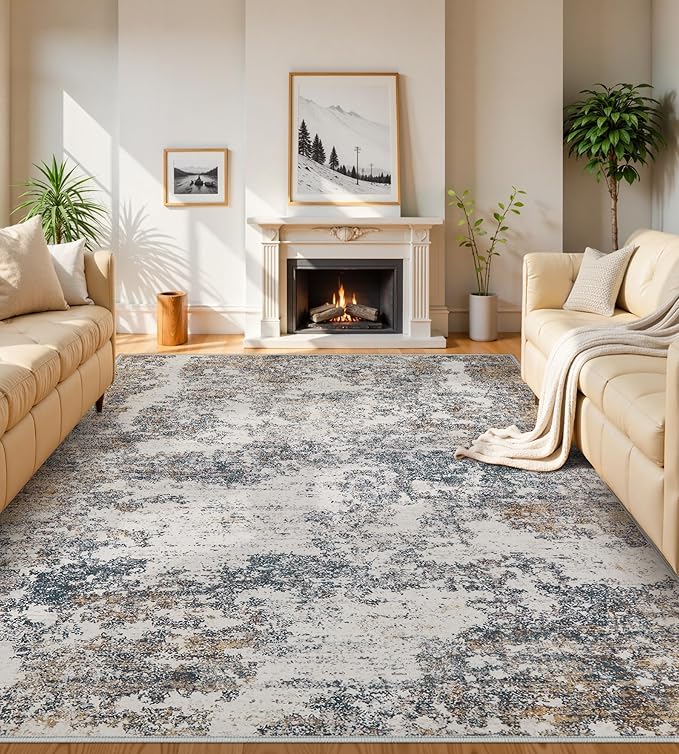 7x9 Washable Area Rugs - Modern Abstract Rugs for Living Room Non-Slip Low Pile Soft Machine Washable Carpet for Bedroom, Dining Room, Nursery, Home Office, Farmhouse (7'x9' Tan Blue)