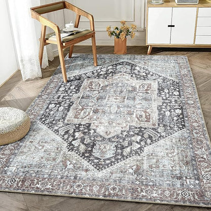 Bloom Rugs Washable Non-Slip 3' x 5' Rug - Charcoal/Brown Traditional Medallion Area Rug for Living Room, Bedroom, Dining Room, and Kitchen - Exact Size: 3' x 5'