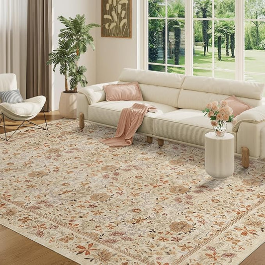 DUKINO 8x10 Area Rugs for Living Room, Vintage Floral Washable Rug with Non Slip Backing, Soft Low Pile & Non-Shedding Large Carpets for Bedroom, Farmhouse, Dining Room, Home Office, Beige