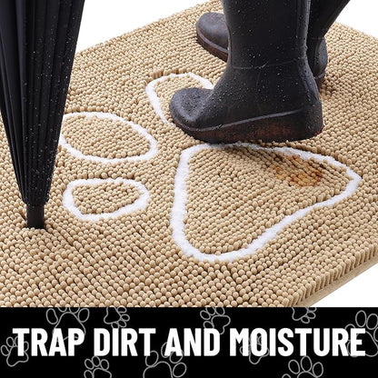 Smiry Dog Door Mat for Muddy Paws, Absorbent Dirt Trapper Non Slip Quick Dry Washable Chenille Mat for Mud Dogs, Entry Rug for Indoor and Outdoor (59x24 Inches, Beige and White)