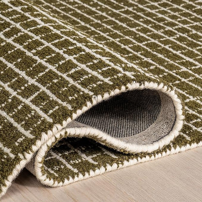 Rugs USA 9'6" x 13'6" Melrose Checked Wool Indoor Area Rug, Contemporary Farmhouse Moss/Ivory for Living Room, Bedroom, Office, Entryway, Hallway