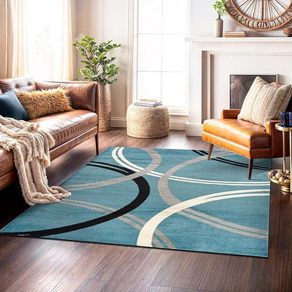 Rugshop Modern Wavy Circles Design Square Rug, Non-Shedding Carpet for Living Room, Bedroom, or Dining Room, Blue, 6'6" x 6'6"