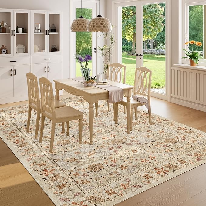 DUKINO 5x7 Area Rugs, Floral Washable Rugs for Bedroom with Non Slip Backing, Vintage Low Pile Indoor Floor Carpets for Bedroom, Living Room, Farmhouse, Home Office, Dining Room, Beige