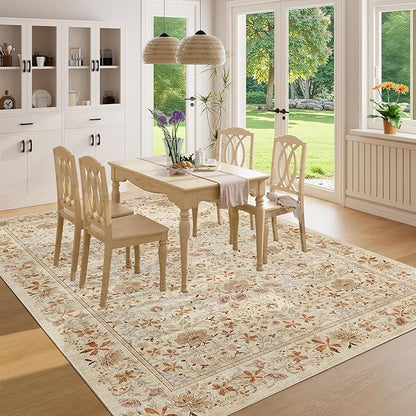 DUKINO 5x7 Area Rugs, Floral Washable Rugs for Bedroom with Non Slip Backing, Vintage Low Pile Indoor Floor Carpets for Bedroom, Living Room, Farmhouse, Home Office, Dining Room, Beige