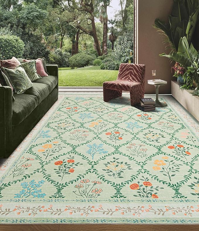 YIHOUSE Green Floral Print Rugs, Moroccan Trellis 10x14 Washable Large Rug, Modern Pastel Non Slip Ultra-Thin Area Rug for Classroom, Nursery Playroom,Dorm,Bedroom,Living Room, Green Multi