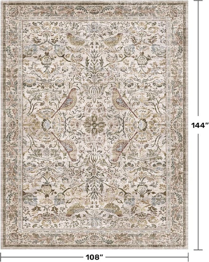Boho 9x12 Large Area Rug for Living Room - Floral & Bird Soft Rugs for Bedroom,Non Slip Washable Carpet for Dining Room Under Table, Vintage Brown Taupe Indoor Décor, Low Pile Stain Resistant