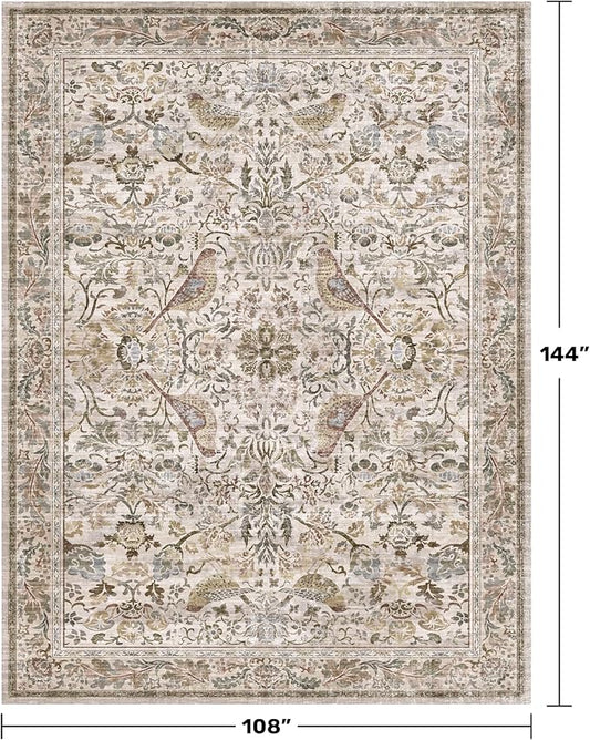 Boho 9x12 Large Area Rug for Living Room - Floral & Bird Soft Rugs for Bedroom,Non Slip Washable Carpet for Dining Room Under Table, Vintage Brown Taupe Indoor Décor, Low Pile Stain Resistant