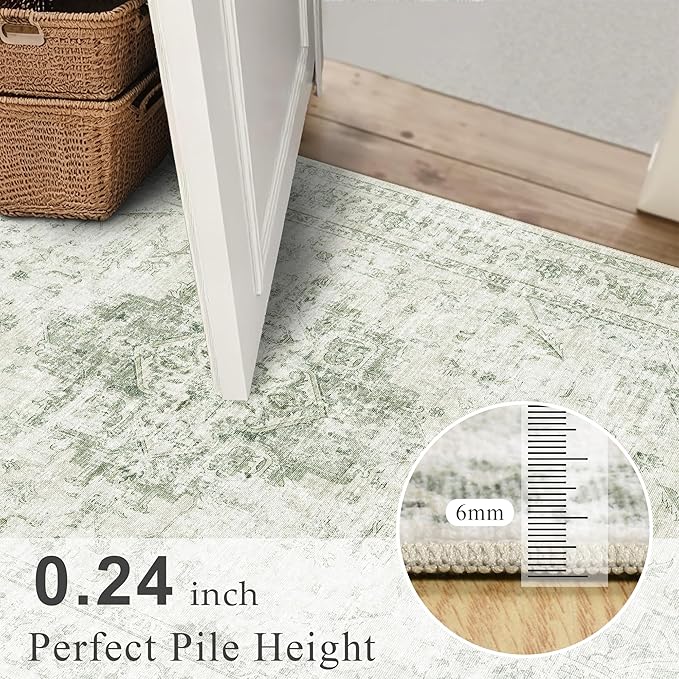 5x7 Vintage Washable Area Rugs Boho Medallion Large Distressed Retro Accent Carpet Floral Non-Slip Soft Low Pile Indoor Throw Rug for Living Room Bedroom Dining Room Office Kitchen, Green