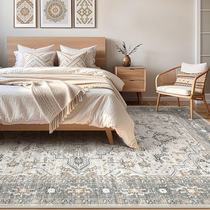 9x12 Area Rug Living Room: Washable Boho Large Neutral Vintage Soft Rugs Stain Resistant Distressed Farmhouse Non-Slip Indoor Floor Carpet for Bedroom Nursery Kids Office Dining Room- Taupe