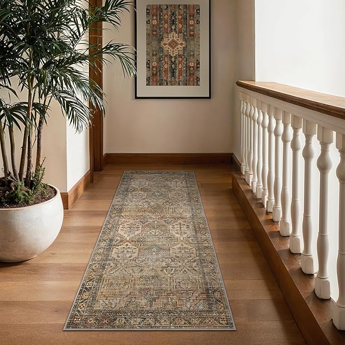 Bavni Kitchen Rug 2x8 Runner Rugs for Hallways Entryway, Washable Vintage Print Carpet, Ultra-Thin Chenille Low Pile Lightweight Rug with Non Slip Backing, Warm Taupe