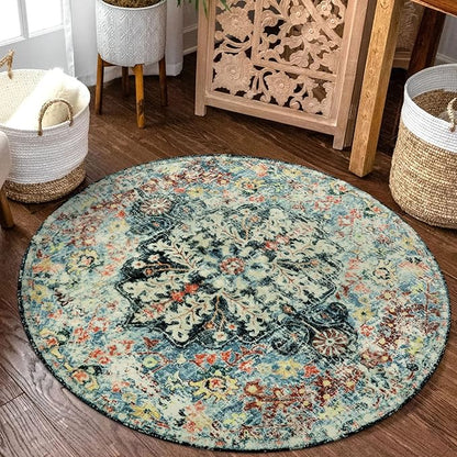 Lahome Bohemian Floral Medallion Round Rug - 3Ft Small Bedroom Round Area Rug Soft Bathroom Circle Mat, Teal Vintage Non Slip Machine Washable Entryway Carpet for Nursery Kitchen Family Room
