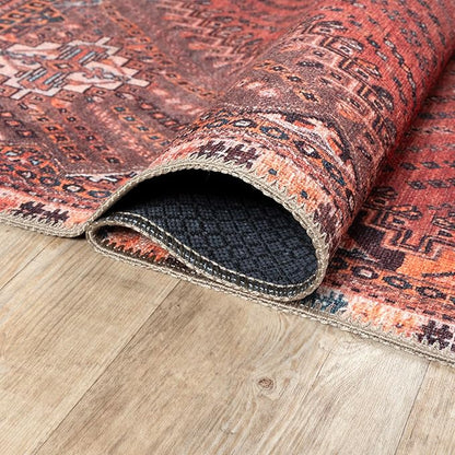 Bloom Rugs Washable Non-Slip 4' x 6' Rug - Red/Multicolor Traditional Bordered Area Rug for Living Room, Bedroom, Dining Room, and Kitchen - Exact Size: 4' x 6'