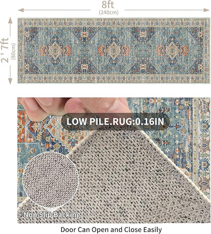Enkor Runner Rugs for Hallway, 2.6x8 Washable Soft Non Slip Floor Rugs for Kitchen, Modern Mat for Living Room Bedroom Entryway Green & Blue