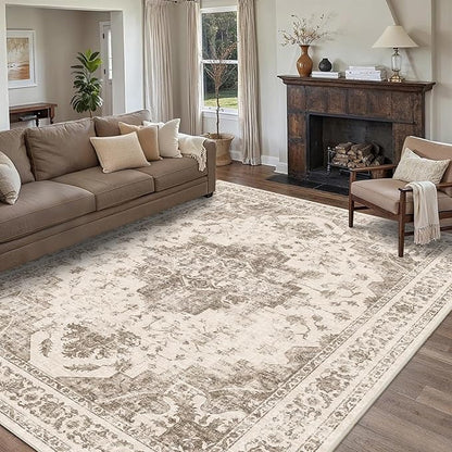 9x12 Vintage Washable Area Rugs Boho Medallion Large Distressed Retro Accent Carpet Floral Non-Slip Soft Low Pile Indoor Throw Rug for Living Room Bedroom Dining Room Office Kitchen, Taupe
