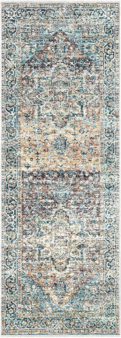 Bloom Rugs Caria Washable Non-Slip 7 ft Runner - Blue Green/Tangerine Traditional Runner for Entryway, Hallway, Bathroom, and Kitchen - Exact Size: 2'6" x 7'