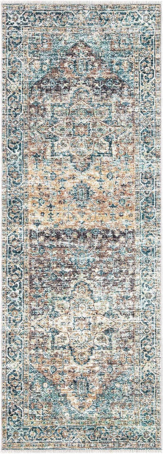 Bloom Rugs Caria Washable Non-Slip 12 ft Runner - Blue Green/Tangerine Traditional Runner for Entryway, Hallway, Bathroom, and Kitchen - Exact Size: 2'6" x 12'