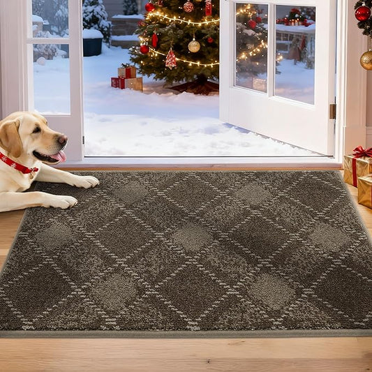 COSY HOMEER Plaid Door Mat 20" x 32",Dirt Trapper Entryway Rugs,Non-Slip Washable Farmhouse Doormat,Low Profile Welcome Mats for Paws Brown