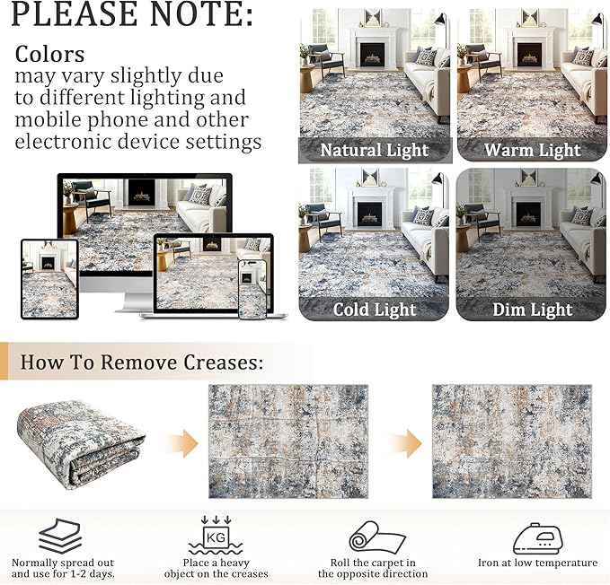 5x7 Washable Area Rug for Living Room, Multicolor Modern Vintage Abstract Rug Large Non-Slip Low Pile Soft Faux Wool Carpet, Kids and Pets Friendly for Bedroom Dining Room Farmhouse Home Decor Rug