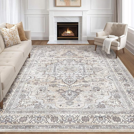 10x13 Area Rugs Living Room: Washable Boho Large Neutral Vintage Soft Rug Stain Resistant Farmhouse Non Slip Indoor Floor Carpet for Bedroom Nursery Kids Playroom Office Dining Room- Cream Grey