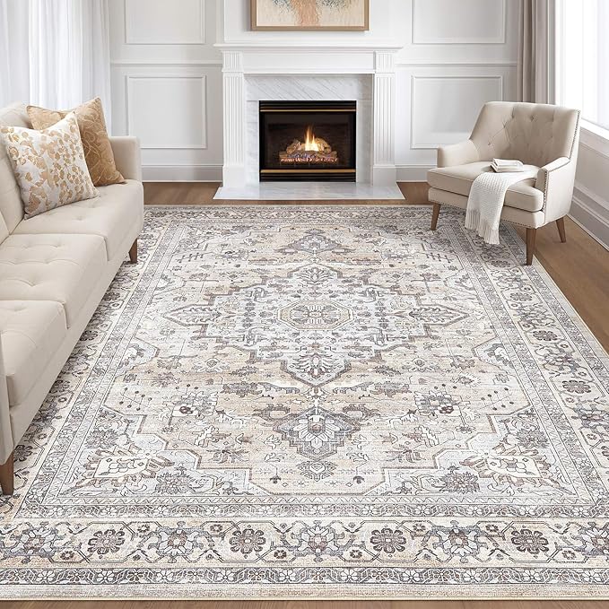 7x9 Area Rug Living Room: Washable Boho Large Neutral Vintage Soft Rugs Stain Resistant Farmhouse Non Slip Indoor Floor Carpet for Bedroom Nursery Kids Playroom Office Dining Room- Ivory Gray