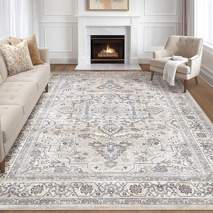 7x9 Area Rug Living Room: Washable Boho Large Neutral Vintage Soft Rugs Stain Resistant Farmhouse Non Slip Indoor Floor Carpet for Bedroom Nursery Kids Playroom Office Dining Room- Ivory Gray