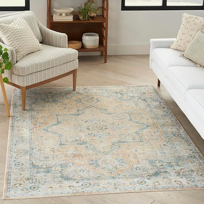 Nourison Home Astra Machine Washable Beige Blue 4' x 6' Area Rug - Easy Clean, Non Shedding, Bed Room, Living Room, Dining Room, Kitchen (4' x 6')