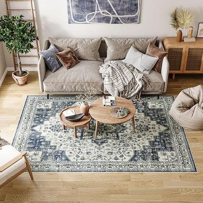 Dripex Vintage Washable Area Rug - 5x8 Distressed Rugs for Living Room Bedroom Oriental Medallion Floral Print Carpet Low-Pile Indoor Soft Non-Slip Accent Rug Farmhouse Office Home Decor