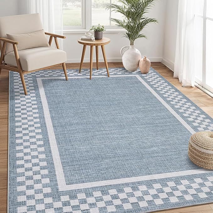 GarveeHome Modern Bordered 8x10 Area Rugs for Living Room Bedroom Soft Washable Large Bedroom Throw Carpet Non Slip Checkered Geometric Rugs for Dining Room Home Decor Office, Blue