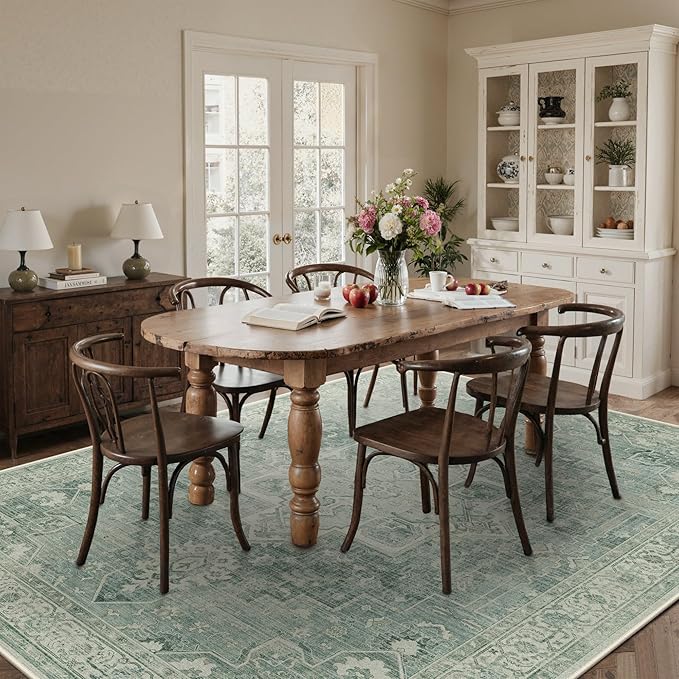 8x10 Area Rugs for Living Room, Machine Washable Non Slip Vintage Rugs, Low Pile Lightweigt Print Indoor Rug for Bedroom, Dining Room, Home Office, Green