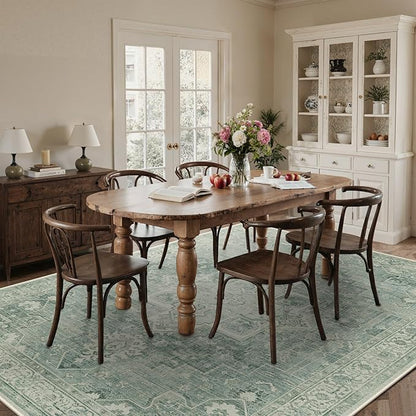 8x10 Area Rugs for Living Room, Machine Washable Non Slip Vintage Rugs, Low Pile Lightweigt Print Indoor Rug for Bedroom, Dining Room, Home Office, Green