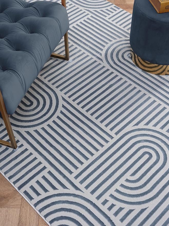 Annabel Modern Geometric Area Rug for Living Room, 6x9 Contemporary Arched and Linear Blue Rug, High-Low Pile Stain Resistant Carpet for Bedroom, Dining Room or Kitchen (6' x 9', Blue)