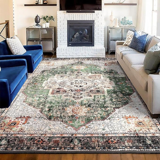 Area Rug 6x9 for Living Room Green Boho Rug Non-Slip Washable Vintage Low Pile Large Rug for Bedroom Dining Room