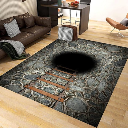 3D Deep Abyss Canyon Indoor Rug, 6x8ft, Stone Built Cave Wooden Ladder Carpet for Entryway, Durable Non-Shedding Pet Friendly Mats, Floor Decor Low Pile Easy Clean Rugs for Family