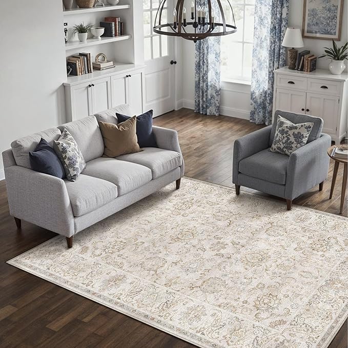 HUGEAR 5x7 Machine Washable Area Rugs Vintage Grey - Neutral Living Room Bedroom Rug Non Slip Stain Resistant Low Pile Aesthetic Throw Carpet Kids & Pet Friendly