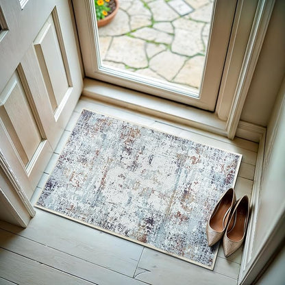 GLN Rugs Contemporary Collection - Machine Washable Area Rug, Contemporary Washable, Non Slip, Low Pile Chenille Rug, Living Room, Bedroom, Kitchen Rug (2' x 3' White/Grey/Blue/Brown)