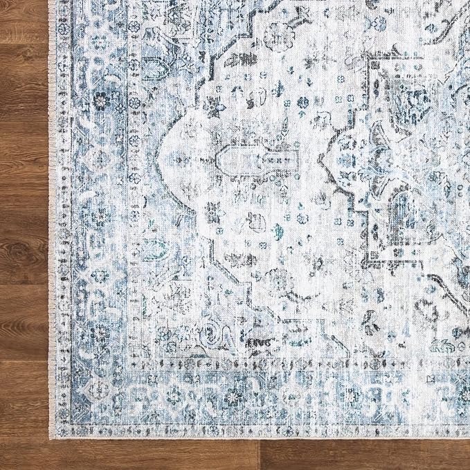 Bloom Rugs Caria Washable Non-Slip 6x9 Rug - Ivory/Blue/Gray Traditional Area Rug for Living Room, Bedroom, Dining Room, and Kitchen - Exact Size: 6' x 9'