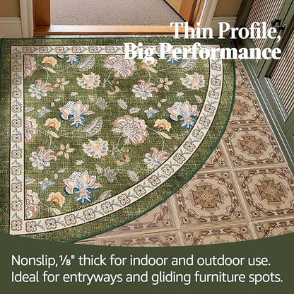 jinchan Elora Floral Corner Rug for Entryway Washable Kitchen Rug Vintage Romance Design Non Slip Quarter Circle Lightweight Low-Pile Throw Carpet for Playroom Reading Nook Nursery, 4ft Radius, Green
