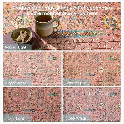 Kokia Boho Vintage Floral Area Rugs, Washable Oriental Botanical Rugs for Living Room, Bedroom, Dining Room, Office, Soft Indoor Area Rug, Rosette Pink，6x9